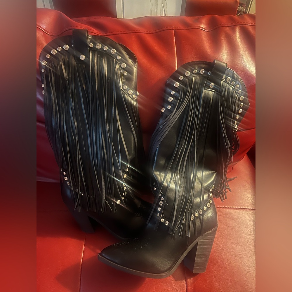 Black Fringe Studded Women's Boots